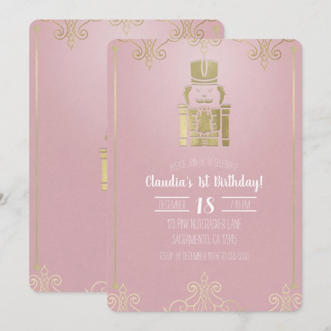 Invitation Fancy Elegant Pink & Gold Nutcracker 1er anniversa (Devant / Derrière)