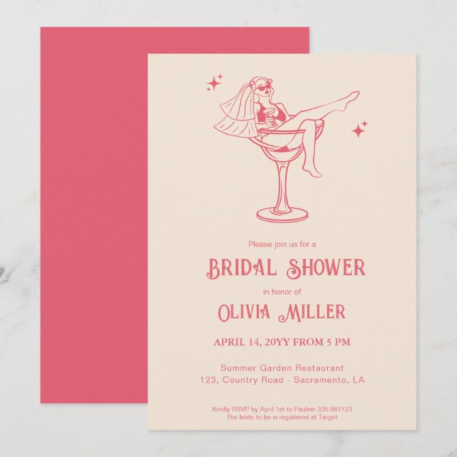 Invitation Fancy Fête des mariées rétro Margarita (Devant / Derrière)