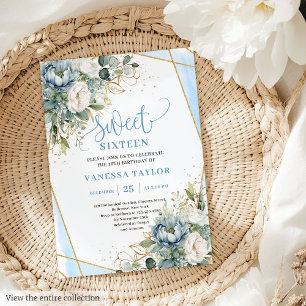 Invitation Fancy Pastel Bleu Blanc Or Sweet sixteen Floral