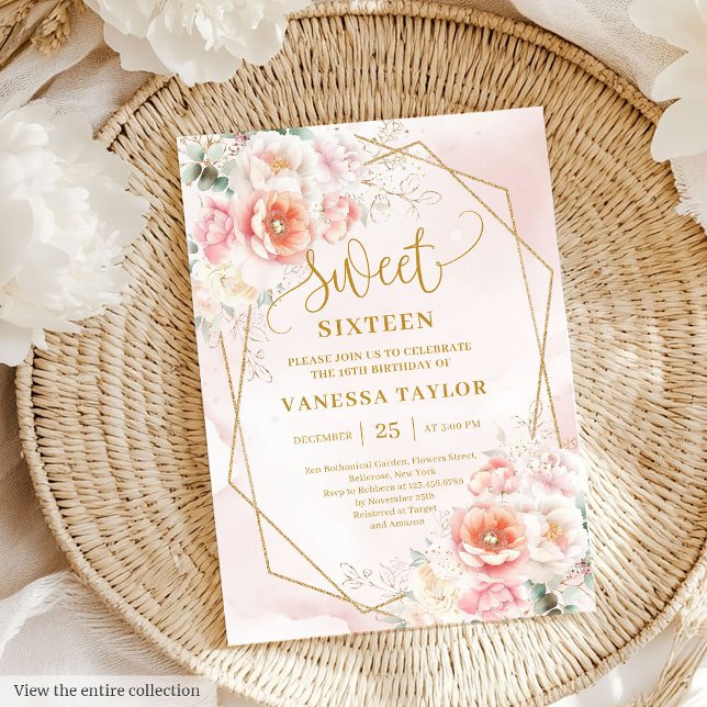 Invitation Fancy Pastel Rose Sage Or Floral Sweet 16 Invitati (Fancy Pastel Pink Sage Gold Floral Sweet 16 Invite)
