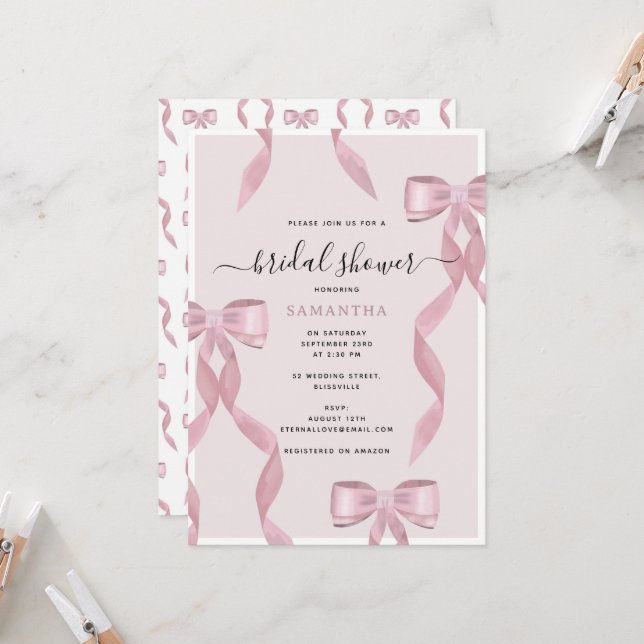 Invitation Fancy Pink Bow thème Fête des mariées fille (Devant/Arrière en situation)