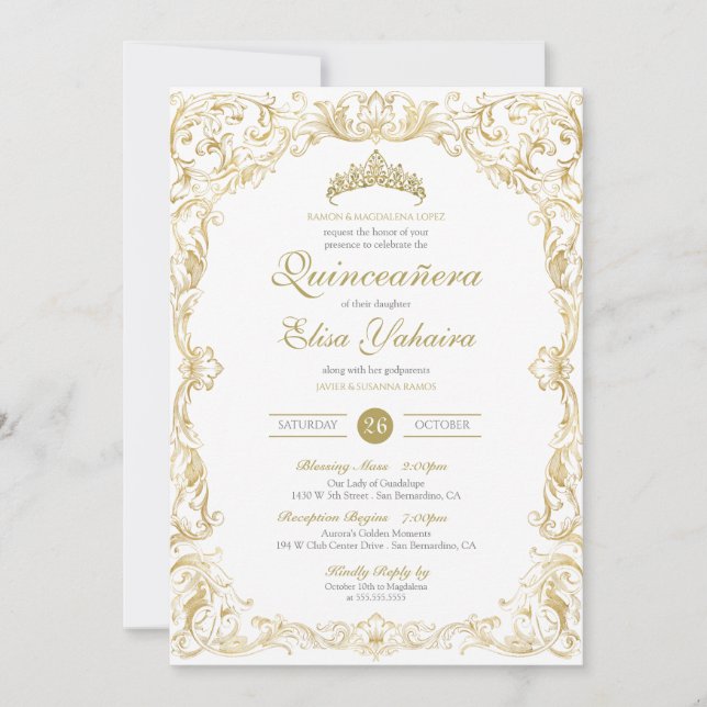 Invitation Fancy Regal White Gold Elegant Quinceanera (Devant)