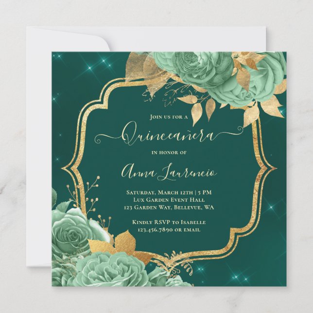 Invitation Fancy Sage Green Emerald Gold Floral Quinceanera (Devant)