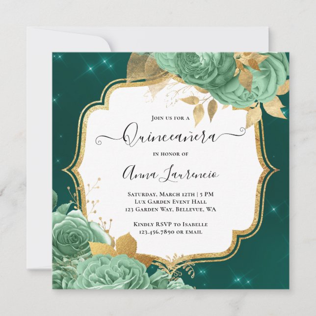 Invitation Fancy Sage Green Or Floral Rose Quinceanera (Devant)