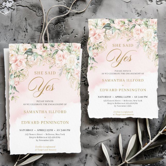 Invitation Fancy script rose roses elle a dit oui fiançailles (Bohemian pale pink roses sage greenery and gold she said yes engagement invitation download)