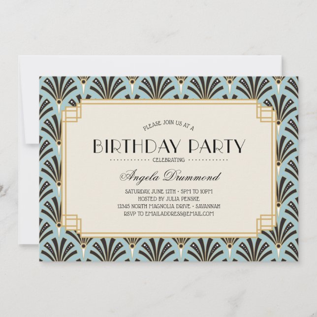 Invitation Fans Art déco Retraite Party Sky Blue (Devant)