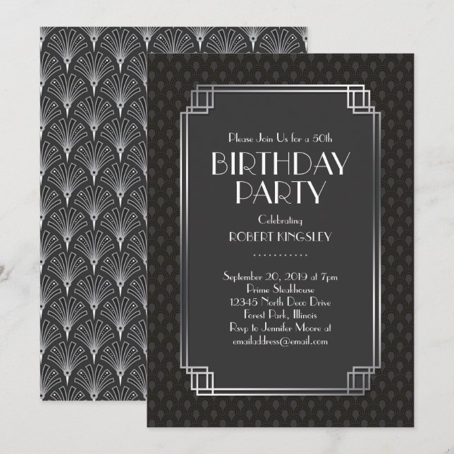 Invitation Fans d'argent élégants fête d'anniversaire Art déc (Devant / Derrière)