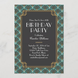 Invitation Fans élégants Art Déco Anniversaire Fête Turquoise