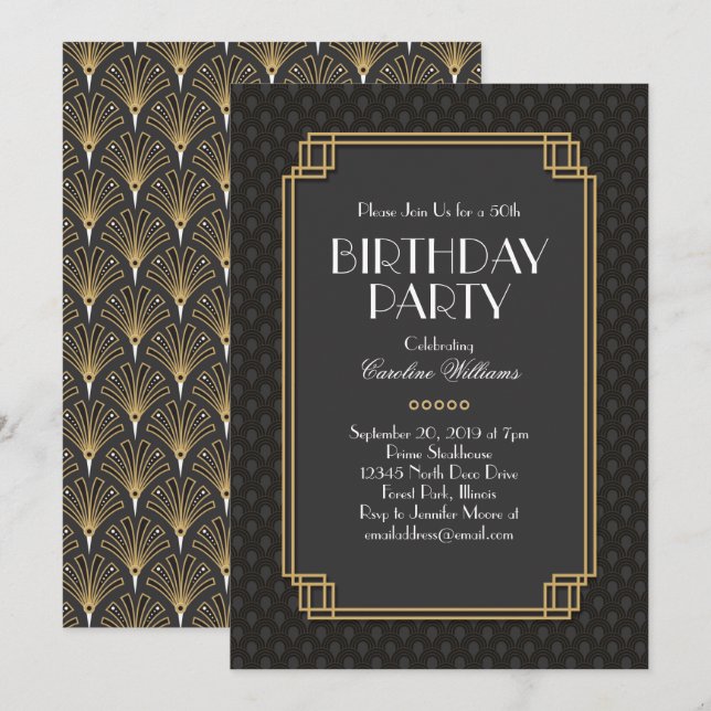 Invitation Fans élégants fête d'anniversaire Art déco (Devant / Derrière)