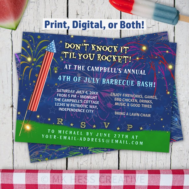 Invitation Fantaise 4 juillet | BBQ Feux d'artifice de roquet (Créateur téléchargé)