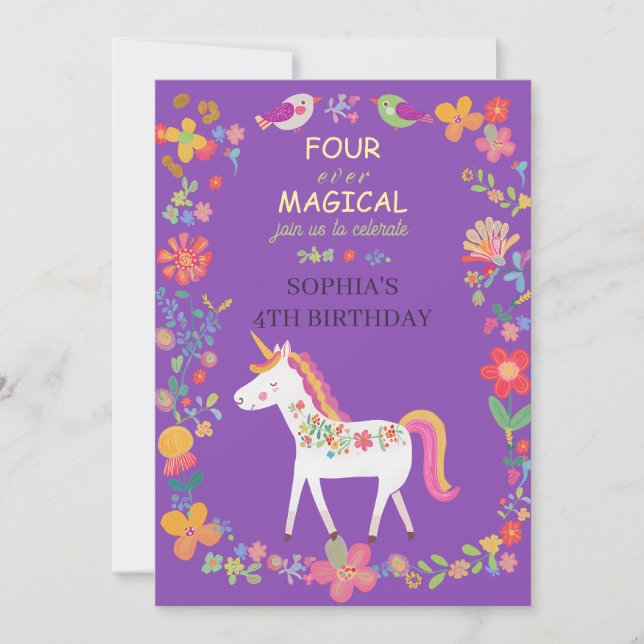 Invitation Fantaisiste Licorne et Fleurs  (Devant)