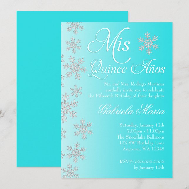 Invitation Fantasme de neige Turquoise Hiver Wonderland Quinc (Devant / Derrière)