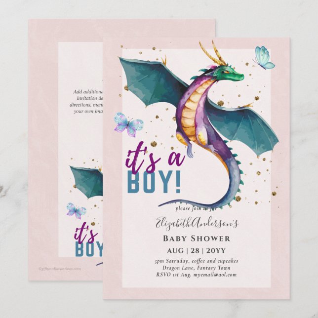 Invitation Fantastique DRAGON Thème Baby Boy Shower Révélatio (Devant / Derrière)