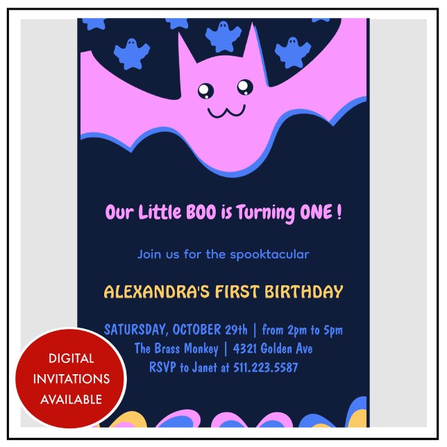 Invitation Fantôme Bateau volant Petit bosse Halloween 1er an (Halloween-1st-Birthday-Invitation-Ghost-Flying-bat-Little-boo-pink-1)