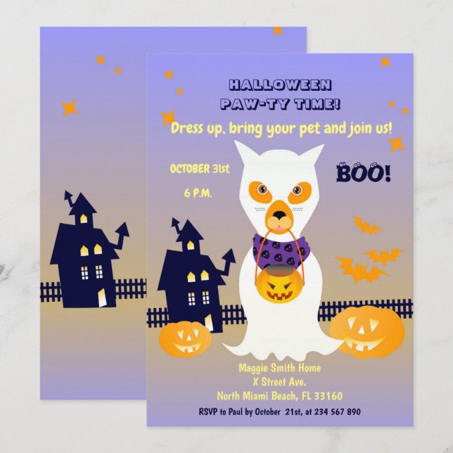 Invitation Fantôme de chien en costume Fête d'Halloween (Devant / Derrière)