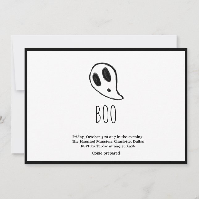 Invitation Fantôme de Halloween Minimaliste Noir Et Blanc (Devant)