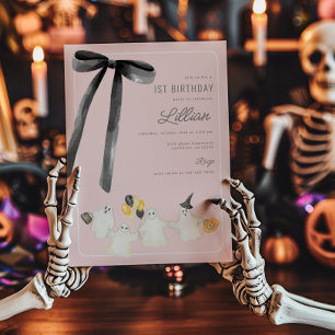 Invitation Fantôme d'Halloween rose et Bow noir Anniversaire