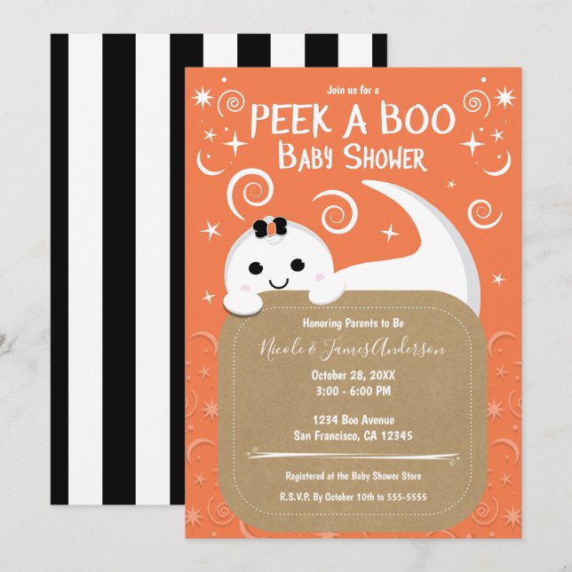 Invitation Fantôme Orange Peek A Boo Halloween Shower Bébé  (Devant / Derrière)