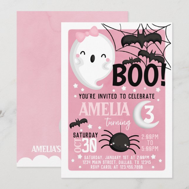 Invitation Fantôme rose Halloween Anniversaire Fête Invitatio (Devant / Derrière)
