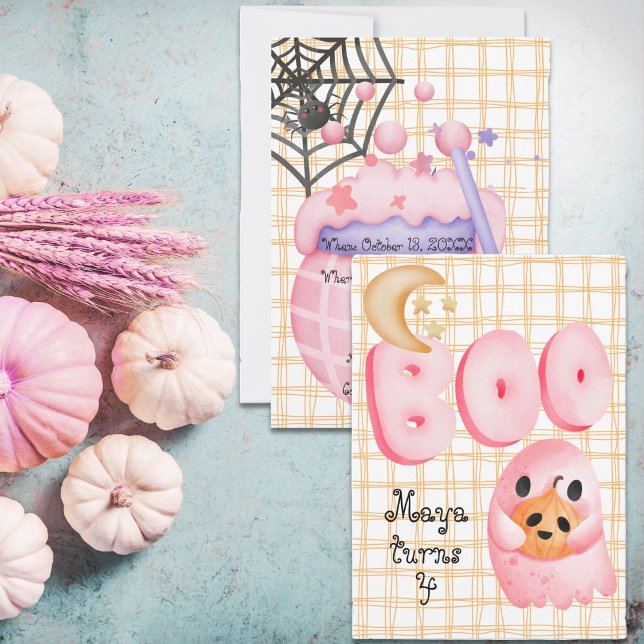 Invitation Fantôme rose mignon bol halloween âge 4 anniversai (Boo its a cute halloween birthday invite)