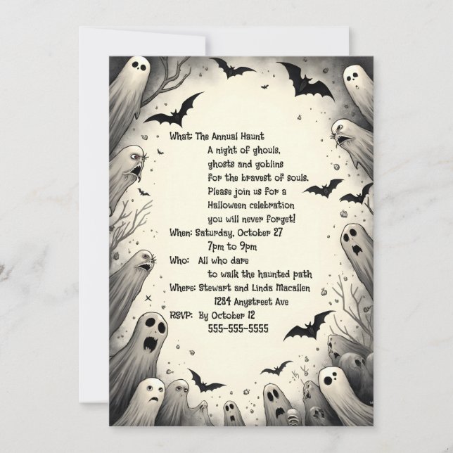 Invitation Fantômes de caricature et chauves-souris Halloween (Devant)
