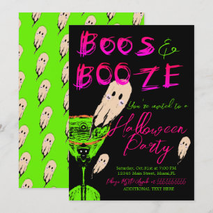 Invitation Fantômes néon noir Boos et Booze Halloween