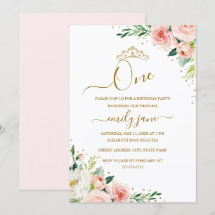 Invitation Fard à joues doré floral Fille 1er anniversaire