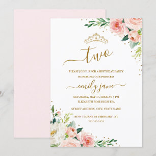 Invitation Fard à joues doré floral Fille 2e anniversaire
