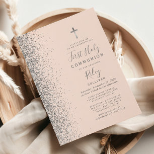 Invitation Fard à paillettes argent rose Première Sainte Comm