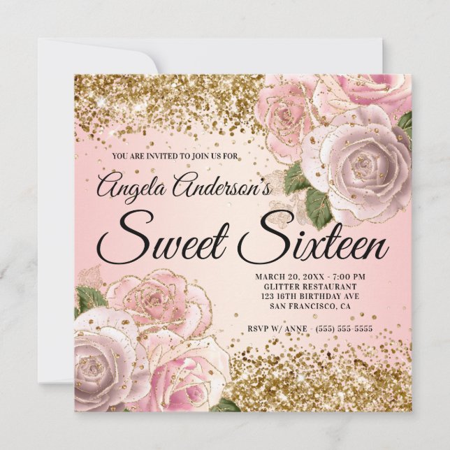 Invitation Fard à paupières doré rose floral pour Sweet Sixte (Devant)