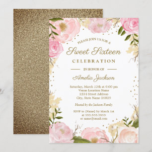 Invitation Fard rose doré floral aquarelle Sweet Sixteen