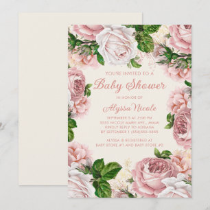 Invitation Fard Rose Fleurs Roses Blanches Baby Shower Fille
