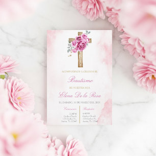 Invitation Fard rose floral avec baptême croisé