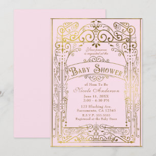 Invitation Fard Rose & Or Doré Baby Shower Vintage Victorien
