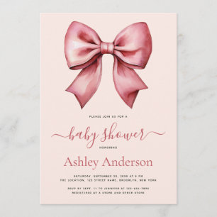 Invitation Fard Rose Rouge Nœud Fille Baby Shower