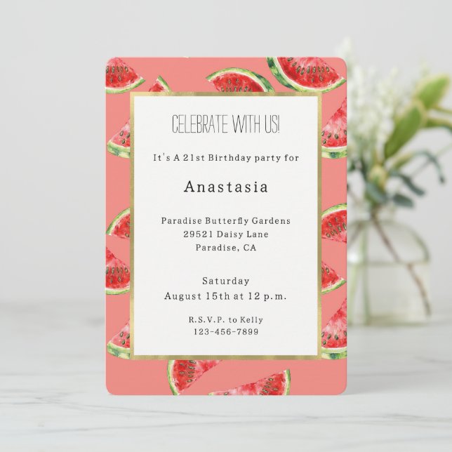 Invitation Fard Rose Rouge Vert Pastèque Anniversaire (Debout devant)