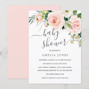 Invitation Fardeur pêche rose floral bébé douche aquarelle