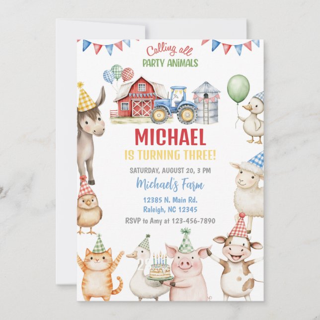 Invitation Farm animals boy ANY AGE birthday invitation. (Devant)