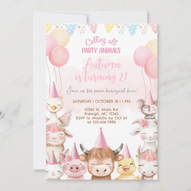 Invitation Farm animals close-up girl birthday invitation. (Devant)