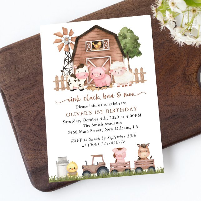 Invitation Farm Animals, Cute Animals, Barn, First Birthday (Créateur téléchargé)