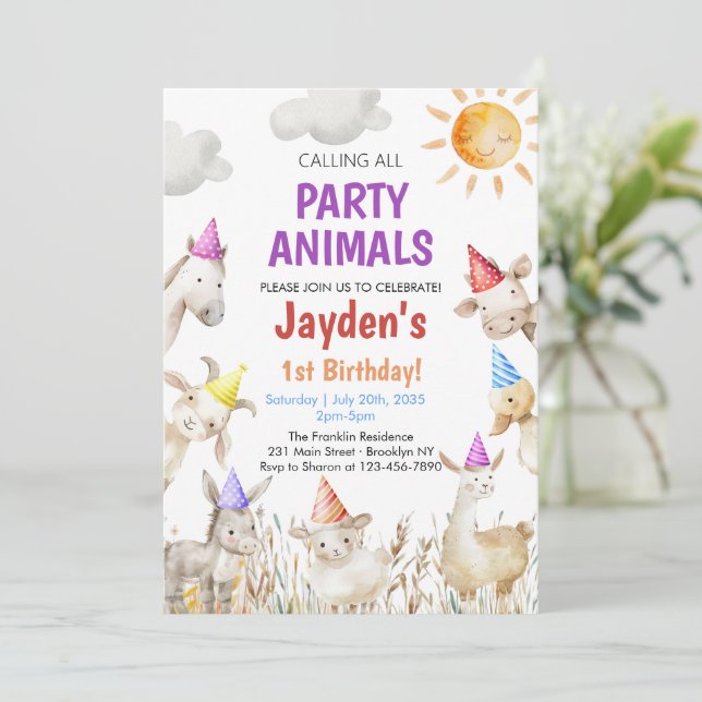Invitation Farm Animals gender neutral Barnyard 1st Birthday (Debout devant)