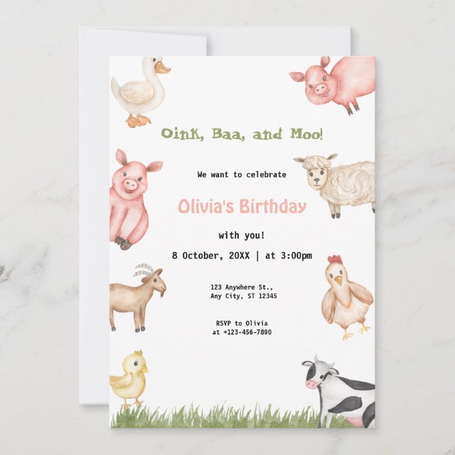 Invitation Farm Animals Girl En vichy Barnyard Fête d'anniver (Devant)