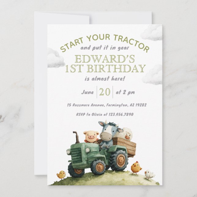 Invitation Farm Animals Green Tractor Birthday  (Devant)