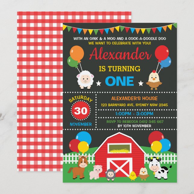 Invitation Farm Barnyard Animaux Anniversaire de fête Tableau (Devant / Derrière)