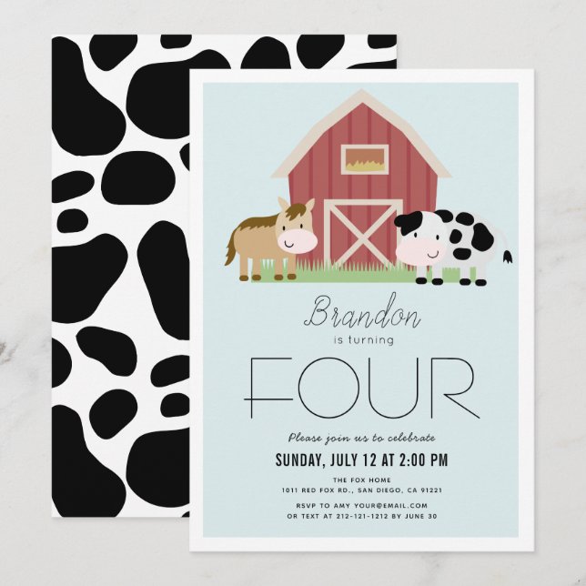 Invitation Farm Barnyard Blue Boy Anniversaire (Devant / Derrière)