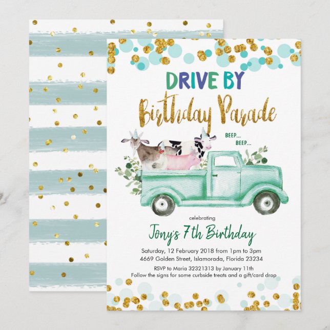 Invitation Farm Drive by Boy Birthday Parade (Devant / Derrière)