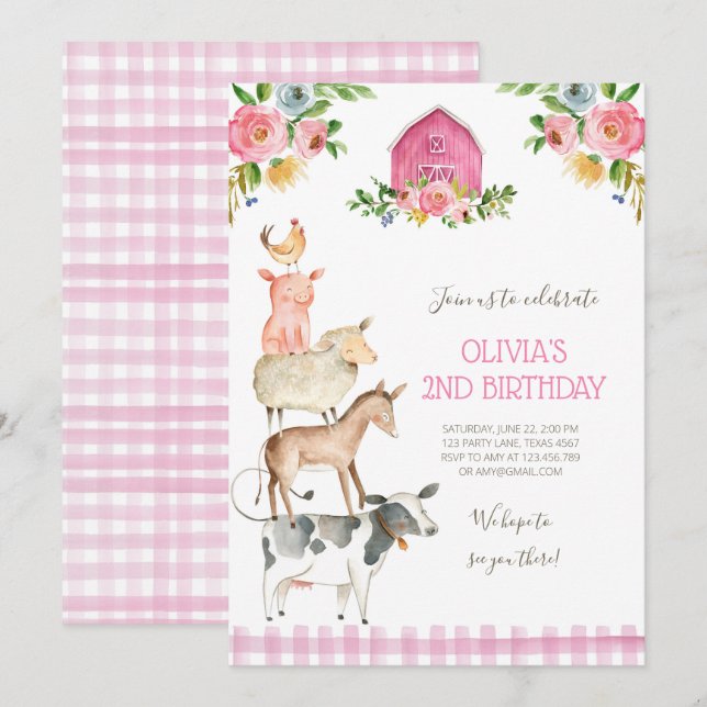 Invitation Farm Old MacDonald Barnyard Pink Animals Party (Devant / Derrière)