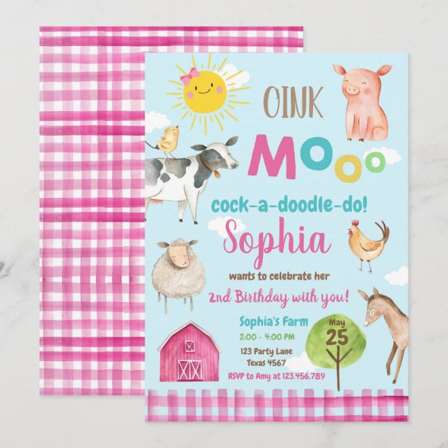 Invitation Farm Old MacDonald Barnyard Pink Animals Party (Devant / Derrière)