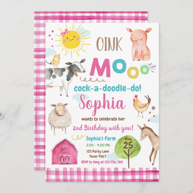 Invitation Farm Old MacDonald Barnyard Pink Animals Party (Devant / Derrière)