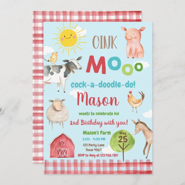 Invitation Farm Old MacDonald Barnyard Red Animals Party (Devant / Derrière)